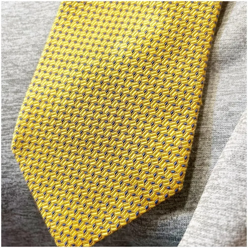 Land’s End 100% Silk Men’s Yellow Tie Geometric Print Textured Vintage Preppy